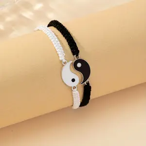 Couple Yin Yang Tai Chi 2-Piece Bracelet Set - Adjustable Synthetic Fiber Rope, Gold Circle Italian Charm, Magnetic Copper, Evil Eye Protection, Classic Style for Couples
