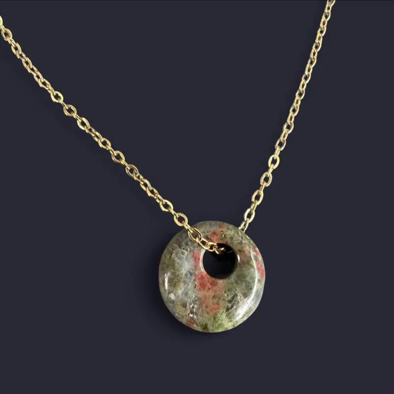Unakite Donut Pendant Gold Necklace
