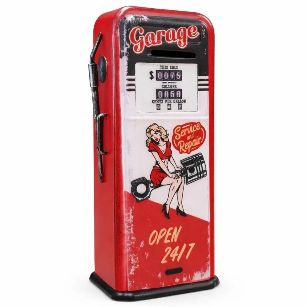 Pin-Up Retro Gas Pump Steel Coin Bank, Compact Durable Garage Metal Piggy Bank with Distressed Finish, Retro Graphics, Removable Design, 24/7 Service Repair Access, Decorative Home Decor & Gift for Home Use