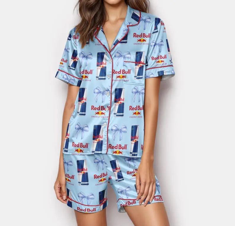 Unwind Studio Red Bull Pajama Set for Women Energy Drink Satin Pajamas Loungewear Matching Top & Bottoms Fun Gift 100% Polyester Herringbone Satin - Womenswear