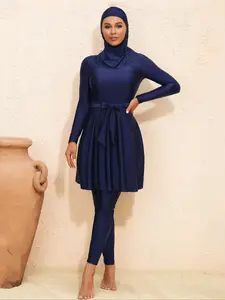 Women's Solid Long Sleeve Ribbed Dress & Wide Leg Pants Islamic Swimwear Set, Casual Fashion Cozy Breathable Muslim Swimwear Set for Beach Holiday Vacation, Ladies Modest Swimsuit for All Seasons