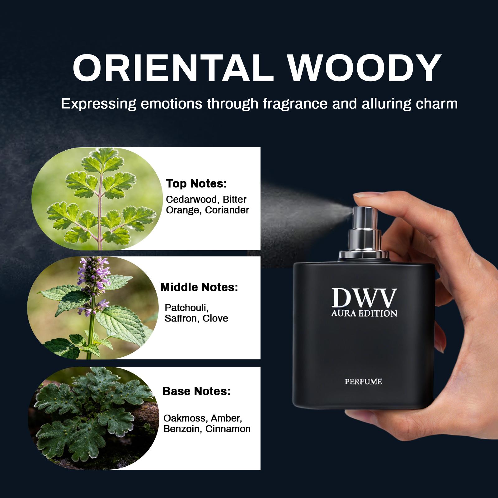 DWV AURA Eau de Parfum Unisex 50ml, a premium aromatic woody fragrance blending notes of cedar, patchouli, and amber; suitable for both men and women; a bold, Arabian-inspired scent; a luxurious gift