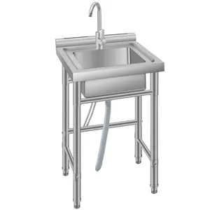 Heavy-Duty Freestanding Stainless Steel Utility basin – Single Deep Bowl with Hot & Cold Faucet, With/No Storage Shelf – Commercial Restaurant Kitchen, Laundry, Garage, Outdoor Use