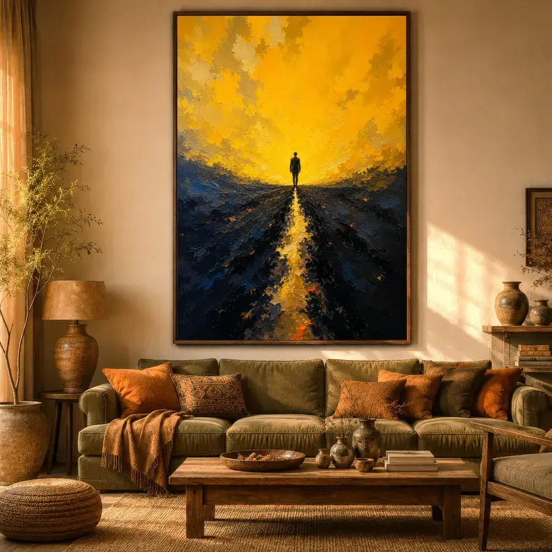 (unframed) Poster Abstract Sunset Wall Art, Solitary Figure , Golden Horizon Painting, Modern Landscape Print, Inspirational Home Decor
