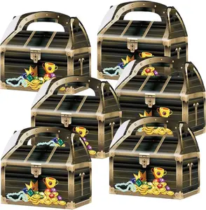Treasure Chest Treat Boxes for Candy, Cookies and Party Favors - Pack of 12 Cookie Boxes, Cute Cardboard Boxes with Handles for Pirate Birthday Party Favors, Holiday Goodies