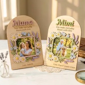 Custom Wooden Photo Frame for Mother's Day Gift, Floral Keepsake Decor, Personalized Grandma Birth Flower Plaque, Gift for Mom Nana Grandma