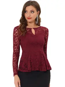 INSPIRE CHIC Women's Lace Tops Keyhole Front Peplum Hem Sheer Long Sleeve Blouse