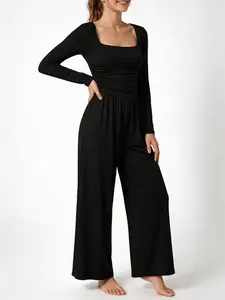 Women's Fall Winter Knit Long Sleeve Plain Square Neck Wide Leg Jumpsuit, Fitted High Waist Casual, All Seasons Fashion