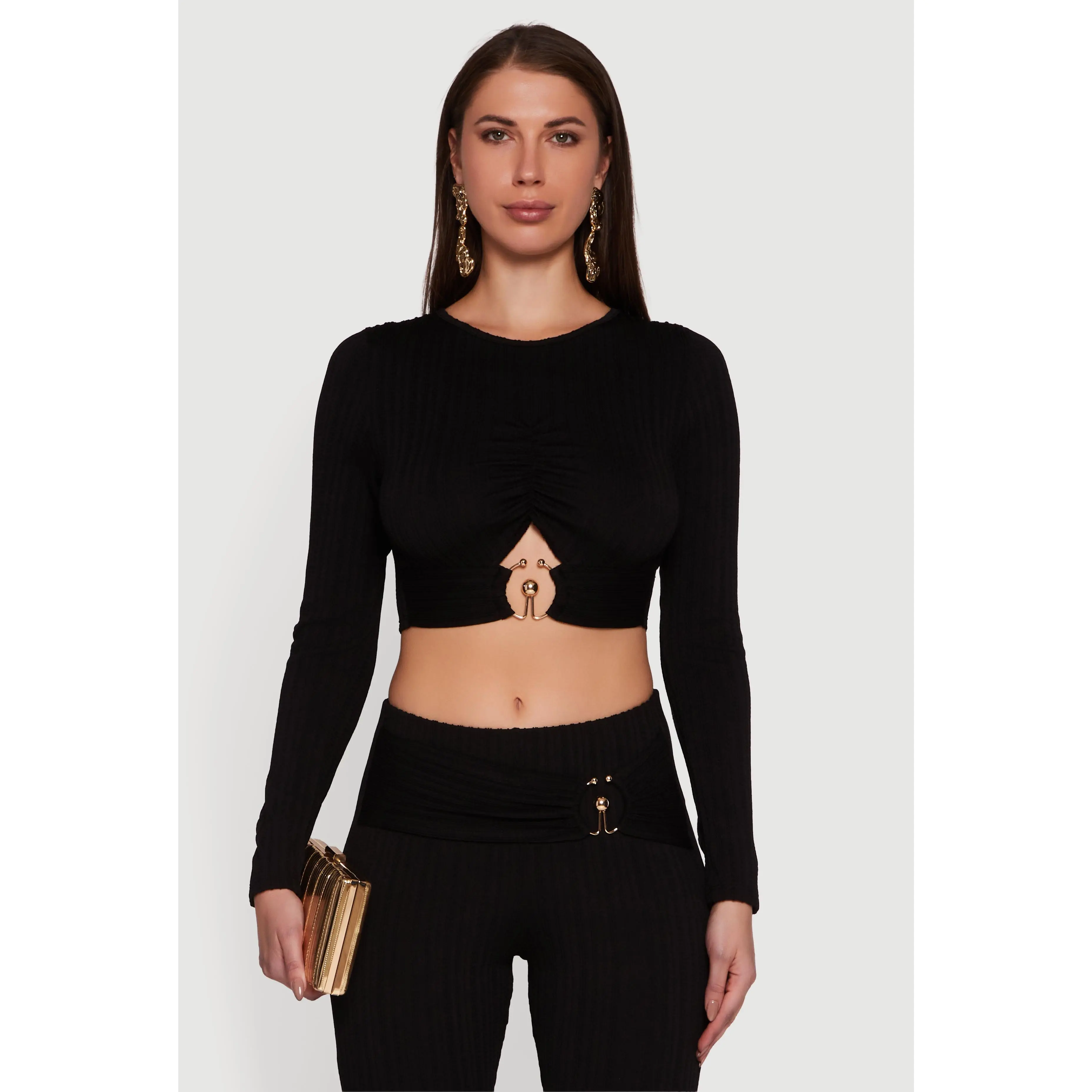 Cut Out Metallic Detail Long Sleeve Crop Top