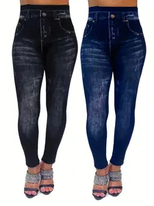 Women's 2pcs Casual All-Season Stretch Denim-Look Leggings High Elasticity Yoga Pants Faux Pockets Detail Polyester Elastane Blend Smooth Fabric Ideal For Vacation Non-denim Jeans Bottoms