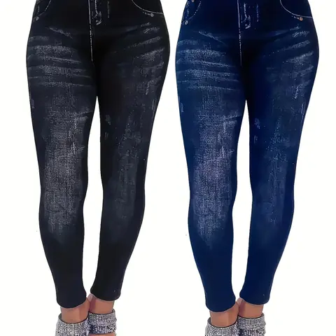Women's 2pcs Casual All-Season Stretch Denim-Look Leggings High Elasticity Yoga Pants Faux Pockets Detail Polyester Elastane Blend Smooth Fabric Ideal For Vacation Non-denim Jeans Bottoms