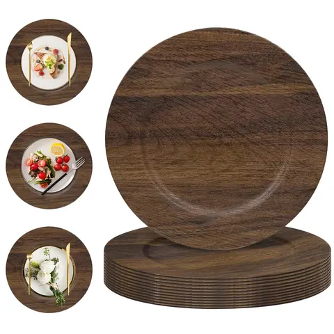 MAONAME 13" Diameter Round Faux Wood Texture Plastic Charger Plates Set of 10 - Brown Salad Plates, Rural Look Scratch-Resistant Table Protectors for Wedding, Thanksgiving