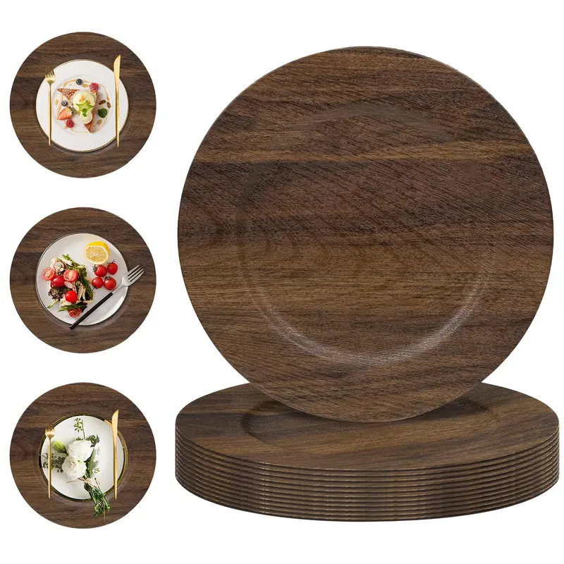 MAONAME 13" Diameter Round Faux Wood Texture Plastic Charger Plates Set of 10 - Brown Salad Plates, Rural Look Scratch-Resistant Table Protectors for Wedding, Thanksgiving