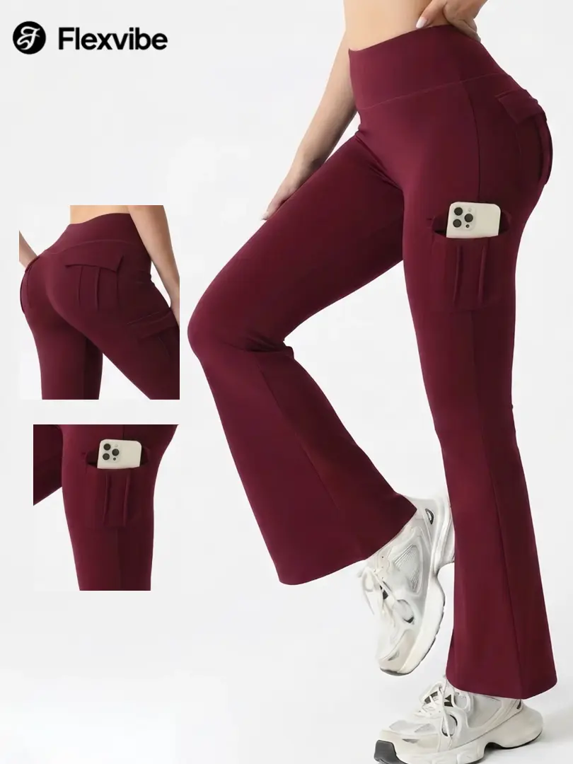 Women High Waist Flared Yoga Pants with Cargo Phone Pockets, Butt Lifting Stretch Workout Flare Leggings Gym Running Trousers Sports Pants Activewear Bottoms