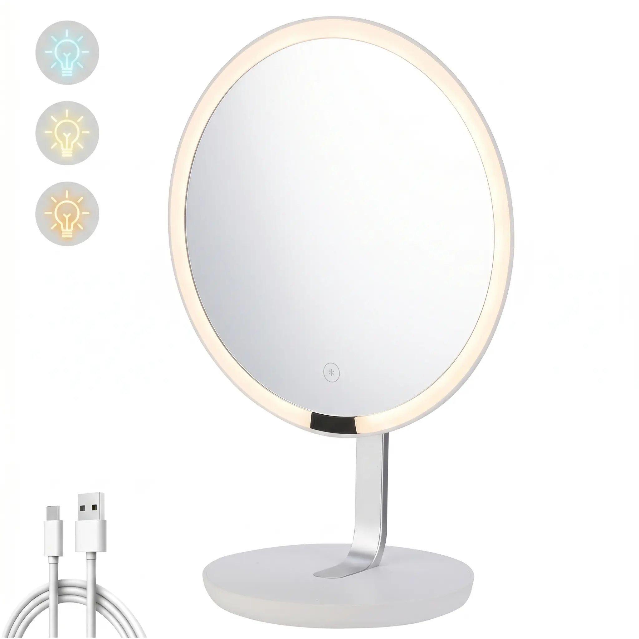 This desktop LED makeup mirror features integrated lighting, adjustable brightness touchscreen, and is portable enough to be handheld. Suitable for home décor, offices, and bedrooms, it also includes a small mirror with 10x magnification.