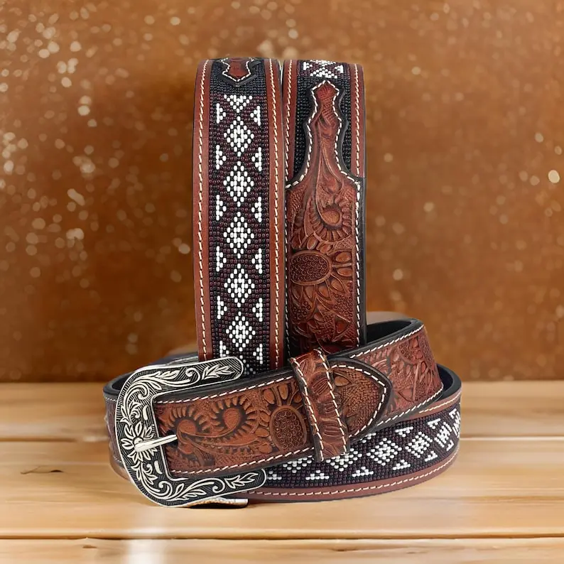 Genuine Leather Beaded Western Heavy Duty Belt, Custom Personalized Rodeo belt For Cowboy Cowgirl