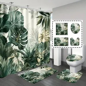 [Popular Choice]1pc/4pcs, bathroom curtains shower, bathroom set, shower curtains, bathroom decor, home decoration, Bathroom Decorations, bath mat, tropical plant patterns, Bohemian theme decoration, bathroom set, with 12 hooks.