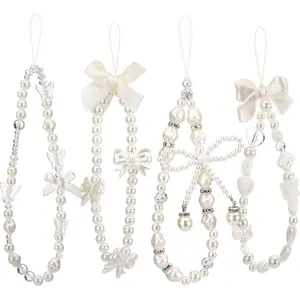 4pcs Phone Charms Strap, Butterfly Bow Camera Strap Wrist Beaded Phone Bracelet Wrist Straps, Pearl Bracelet Lanyard Keychain Charm for Women