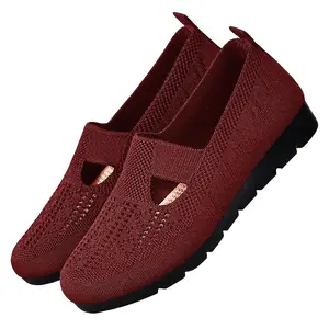 Women's Breathable Knit Cut-Out Slip-On Shoes, Soft Non-Slip Flat Loafers, Comfortable Casual Walking Shoes for Seniors