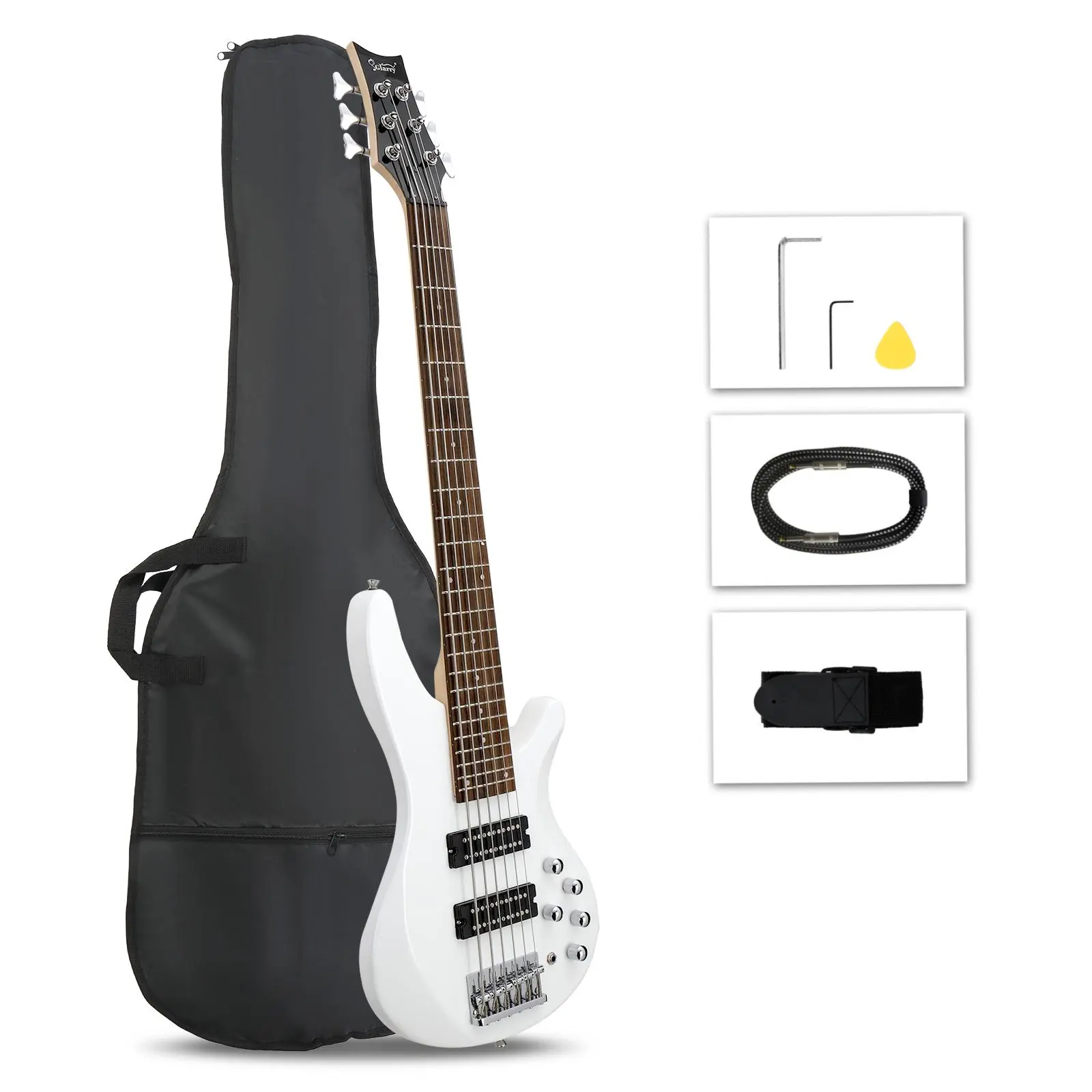 44" White Electric Bass Guitar 6 String H-H Pickup Full Kit with Bag and Accessories for Beginners 44" White Electric Bass Guitar 6 String H-H Pickup Full Kit with Bag and Accessories for Beginners