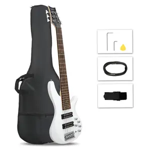44" White Electric Bass Guitar 6 String H-H Pickup Full Kit with Bag and Accessories for Beginners