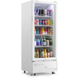 Upstreman Commercial Refrigerator with Glass Door, 9.8 Cu.Ft Display Beverage Fridge with Lock, LED Light, Removable Shelves and Swivel Wheels, for Convenience Store, Restaurant, Office, White, D98