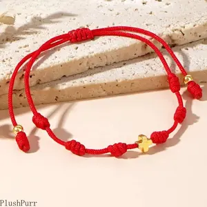 A Bohemian Minimalist Style Women'S Fashion Bracelet Featuring 4Mm Vacuum- Copper Beads, a Cross, And a Peruvian Knot with an Adjustable Red String, Perfect As a Lucky Gift for Everyday Occasions.