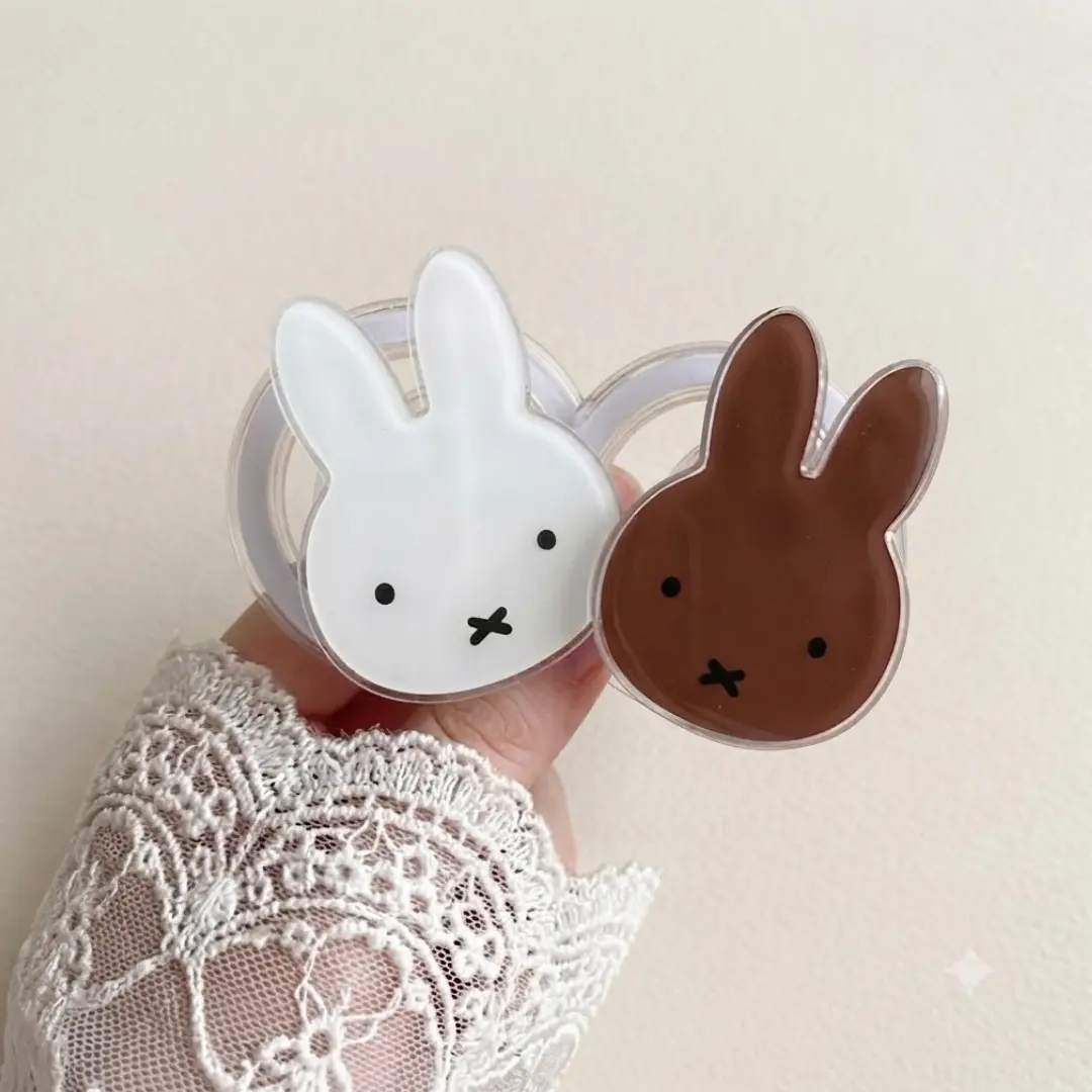 Cute White & Brown Bunny Phone Grip, Aesthetic Minimalist Bunny Rabbit Holder, Collapsible Stand for Cell Phone & Kindle, Trendy Gift Idea