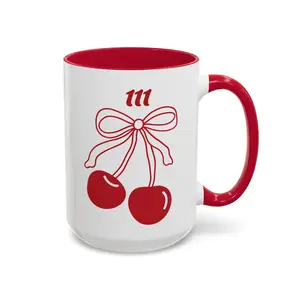 111 Angel Number Ceramic Coffee Cup Mug, 11oz-15oz Glossy Retro Line Cherries Accent Mug with Coquette Bow, Kawaii Aesthetic Washable Kitchen Drinkware (Pink, Black, Purple, Yellow, Light Blue)