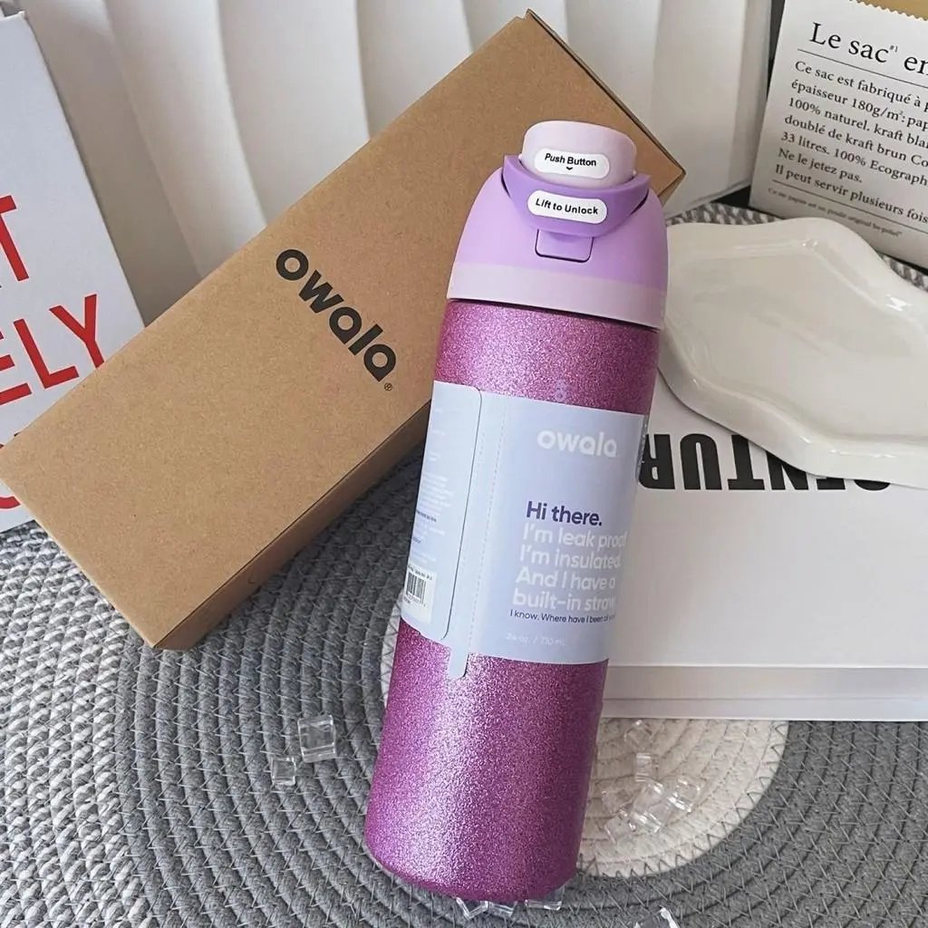Owala FreeSip Insulated Stainless Steel Water Bottle - 24oz/32oz Purple Sparkle Glitter Text Edition, Leak-Proof BPA-Free Travel Tumbler with Built-in Straw