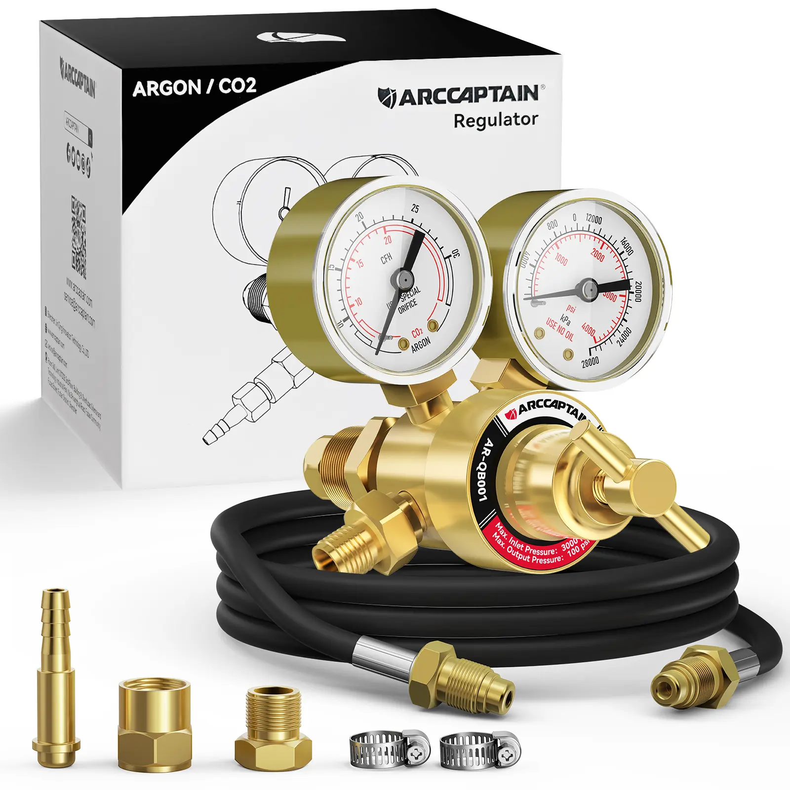 ARCCAPTAIN Heavy Duty 1 x Argon/CO2 Regulator with Gauges, CGA-580 Inlet, 1 x 8.2 ft Inert Gas Welding Hose, Full Interface Compatibility, High-Density Filter, Precision Flow Control for Gas Welding, Medical Use, Father's Day Gift Option