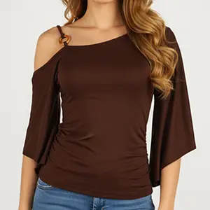 One Shoulder O-Ring Accent Cold Shoulder Bell Sleeve Ruched Top