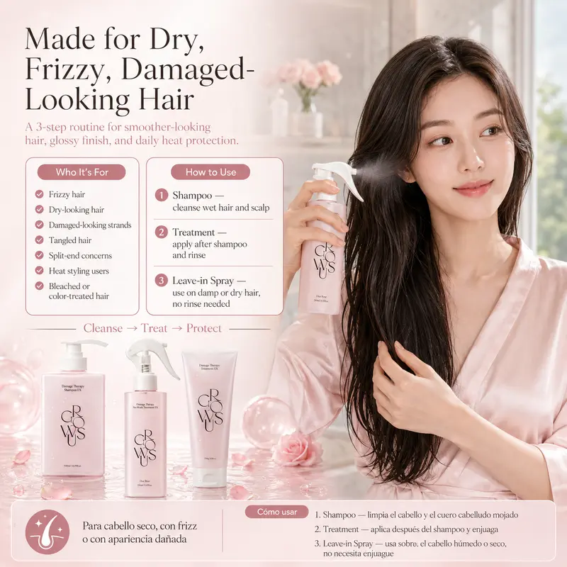 3-Step Glassy Hair Complete Routine Set for Dry, Damaged & Frizzy Hair | Marine Peptide, Ceramide, Keratin & Collagen | Shampoo + Treatment + Leave-in Spray with Heat Protection | GROWUS 3-Step Glassy Hair Complete Routine Set for Dry, Damaged & Frizzy Hair | Marine Peptide, Ceramide, Keratin & Collagen | Shampoo + Treatment + Leave-in Spray with Heat Protection | GROWUS