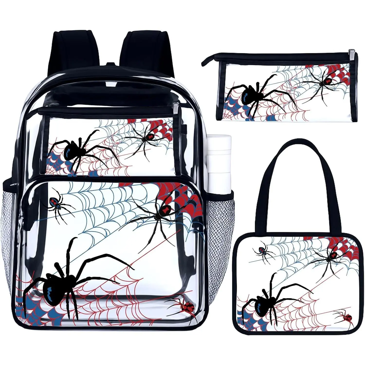 3 count Clear Backpack Heavy Duty Clear Stadium Bag Transparent Backpack with Lunch Bag(Black,Spider)