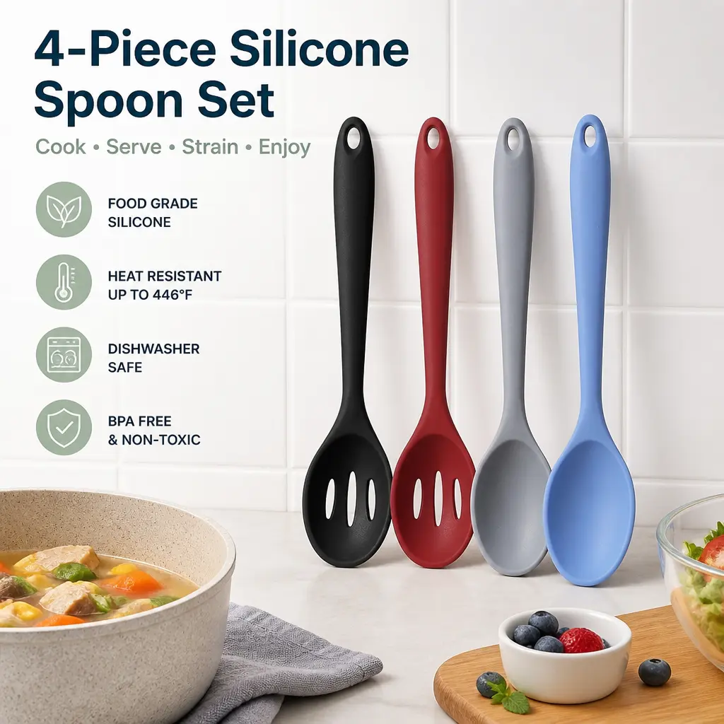 4 Pcs 10.6 in Silicone Kitchen Utensils Set - Scoop Set Cooking Spoons Variety Pack, Large Nonstick Serving Utensils, Heat-Resistant Slotted Tools for Mixing, Dishwasher Safe (Summer Sale Restock Deals), Variety Pack Cooking Spoons
