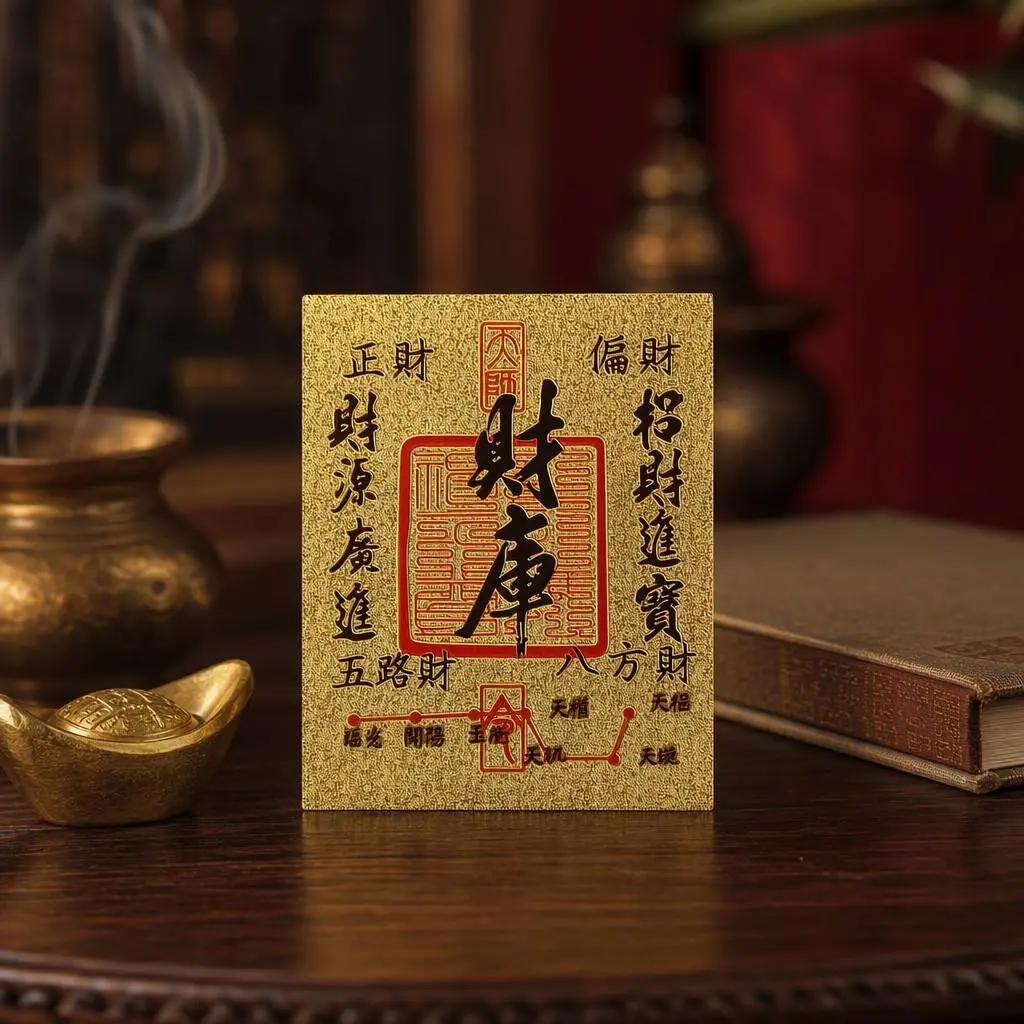 Chinese Feng Shui Wealth Vault Talisman Card – Gold-Tone Fortune-Attracting Charm for Wallet, Phone Case, Home Office Decor & Prosperity Gif