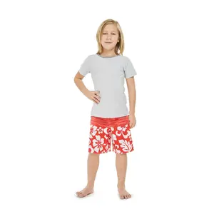 Boy Hawaiian Board Shorts in Vintage Hibiscus Red