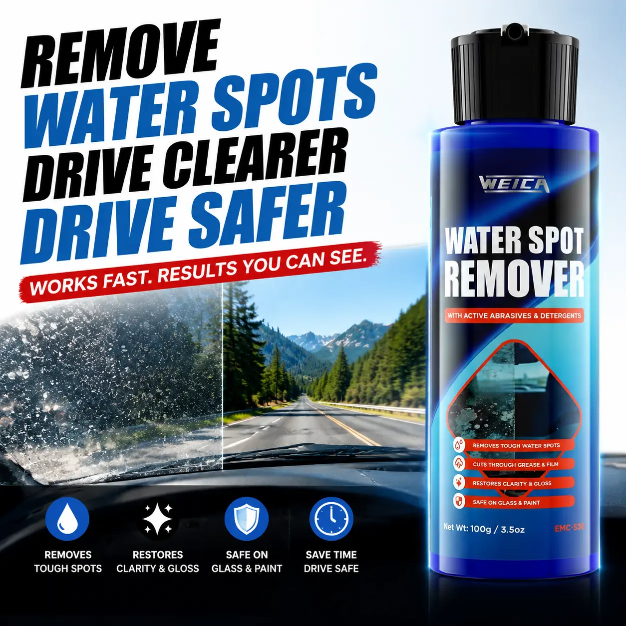 Water Spot Remover, Abrasive Polish for Car Windshield, Glass, Paint - Removes Tough Water Spots, Grease, Mineral Deposits - Safe on Auto Surfaces, 100g Dual Pack (2 x 3.5oz)