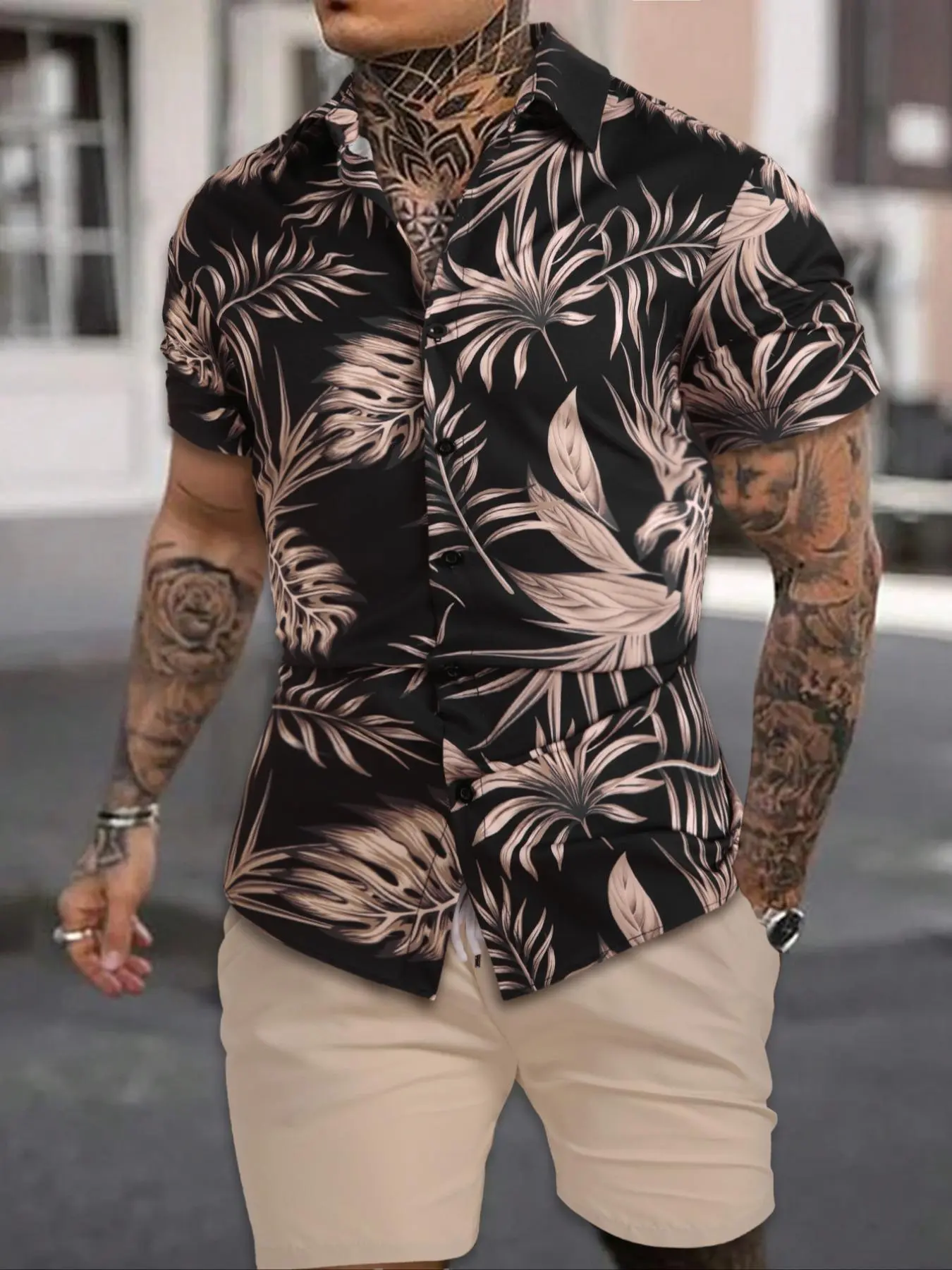 Men's Button Front Collared Shirt & Solid Drawstring Shorts Set, Summer Polyester Clothes, Stylish Casual Elastic Waist Pocket Shorts for Summer, Men's Tracksuit for Travel Fitness Golf, Breathable Men's Bottoms for Daily Wear, Tropical Clothing