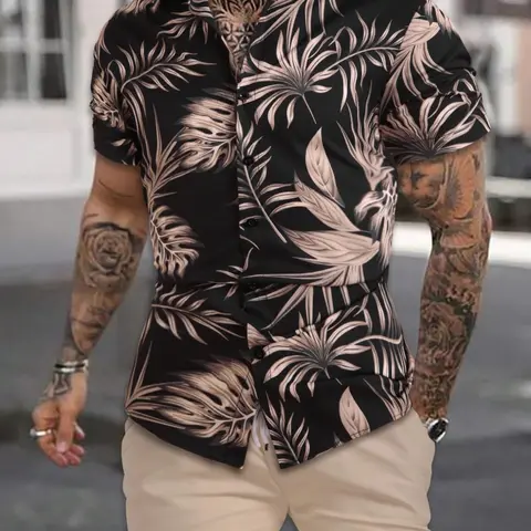 Men's Button Front Collared Shirt & Solid Drawstring Shorts Set, Summer Polyester Clothes, Elastic Waist Pocket Shorts, Men's Tracksuit for Travel Fitness Golf, Tropical Clothing, Top Shorts Set