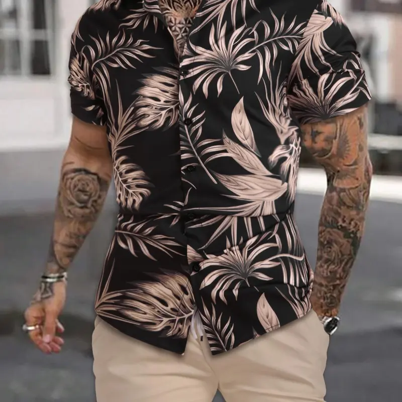 Men's Button Front Collared Shirt & Solid Drawstring Shorts Set, Summer Polyester Clothes, Elastic Waist Pocket Shorts, Men's Tracksuit for Travel Fitness Golf, Tropical Clothing, Top Shorts Set