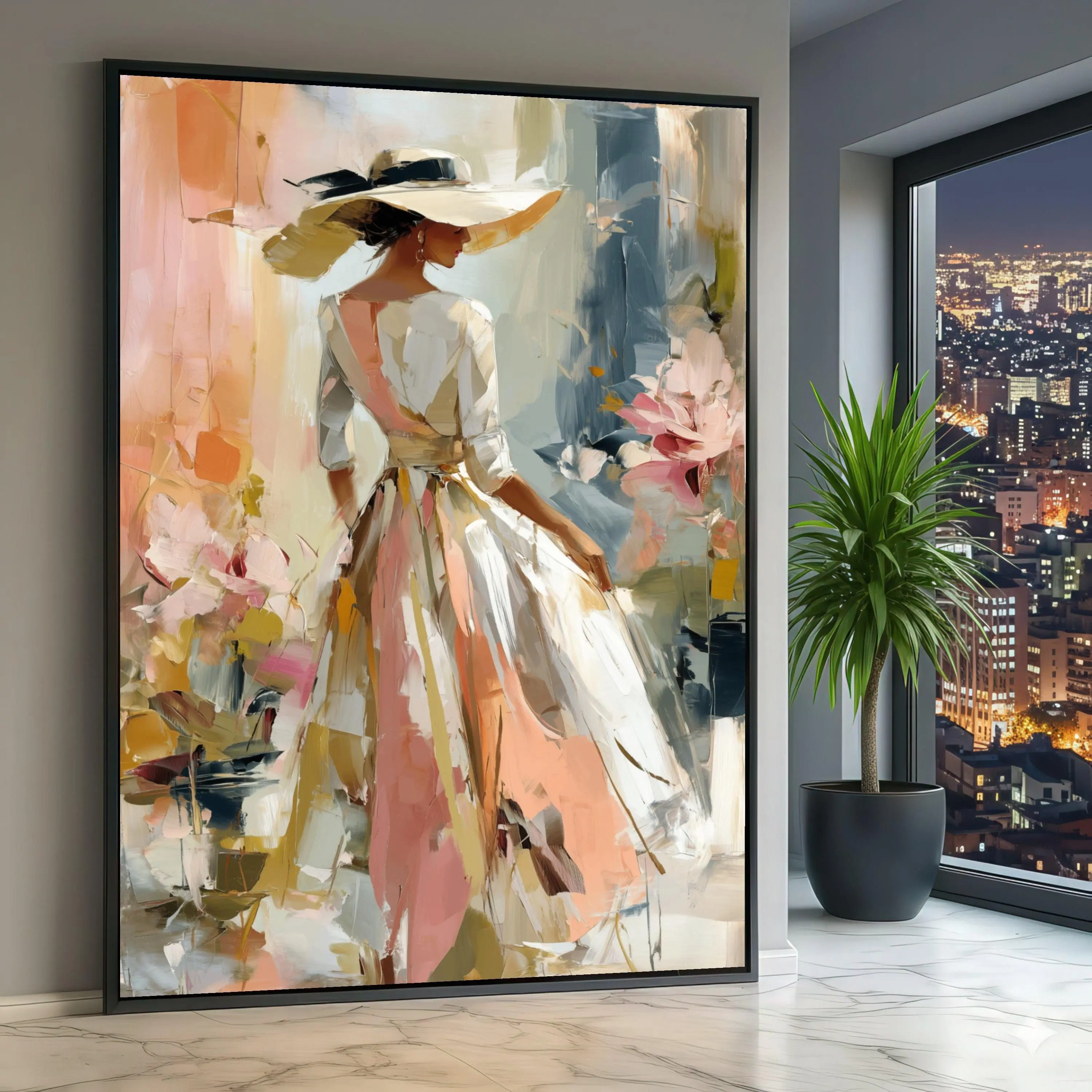 [Sale off up to 40%] [Frame Canvas] Impressionist Woman Canvas Art, Flowing Dress, Floral Background Wall Painting