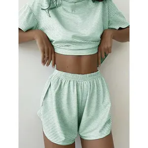 Women's 2-Piece Striped Printed Pajama Set - Casual Crew Neck Short-Sleeve T-Shirt, Elastic Waist Split Shorts, Soft Fabric Nightwear Sleepwear Loungewear#TikTokShopStockUp