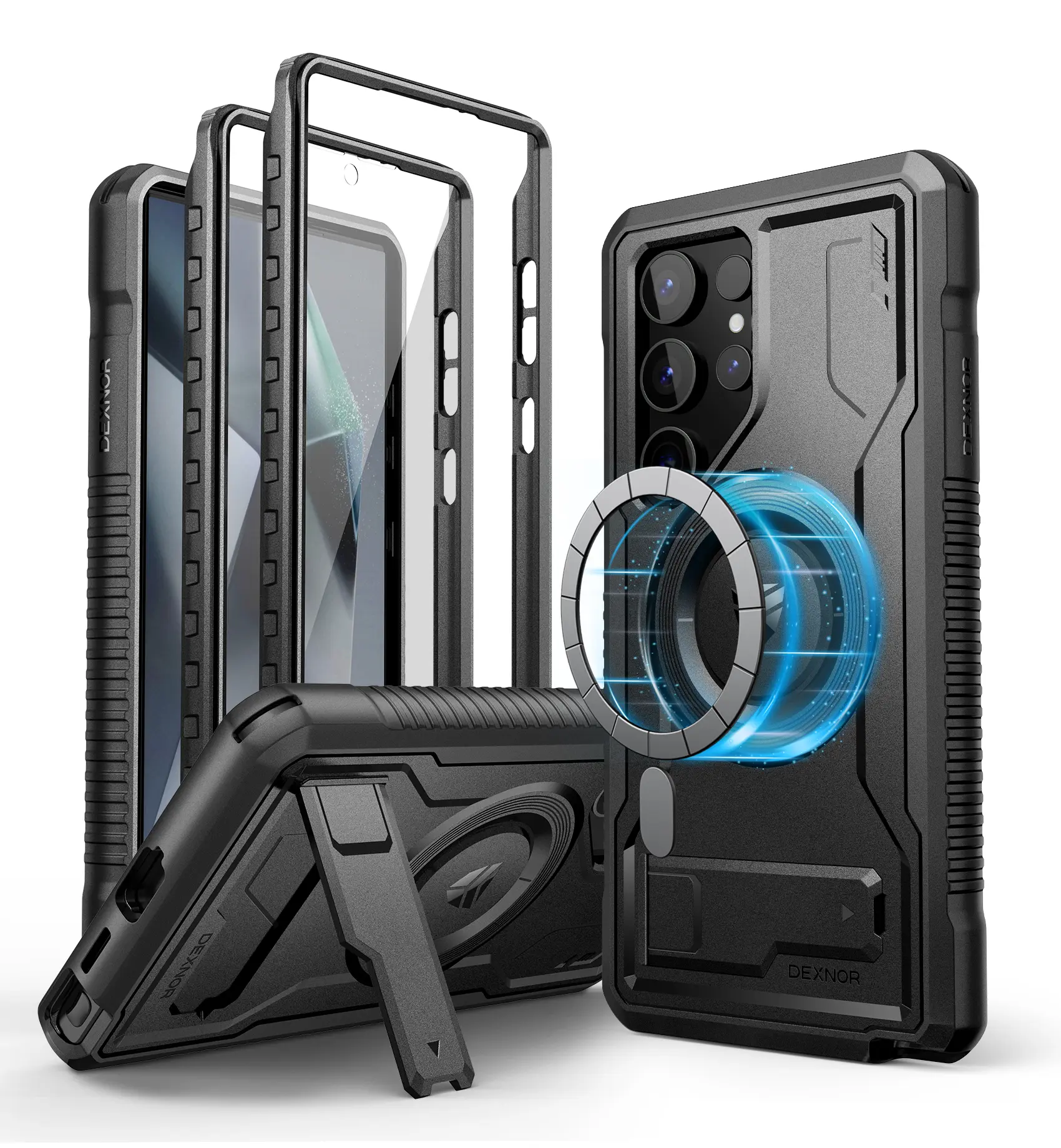 Dexnor Magnetic Case for Samsung Galaxy S24/S24 Plus/S24 Ultra Case, Compatible with Magsafe, 2 Front Frames & Built-in Screen Protector, Bumper Rugged Shockproof Full-Body Protective Cover with Kickstand