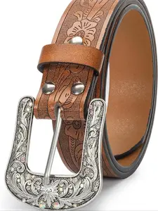 Boho Style Ethnic Pattern Western Belt, Fashionable Floral Embossed Belt for Women, Trendy All-match & Exquisite Belt for Birthday Gift, Boho Style Buckle