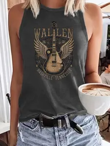 Wallen Guitar Vinyl Print Tank Top, Casual Basic Tanks, Summer Casual Round Neck Vest, Women's Loose-Fitting Sleeveless Knit Top, Graphic Pattern, Womenswear