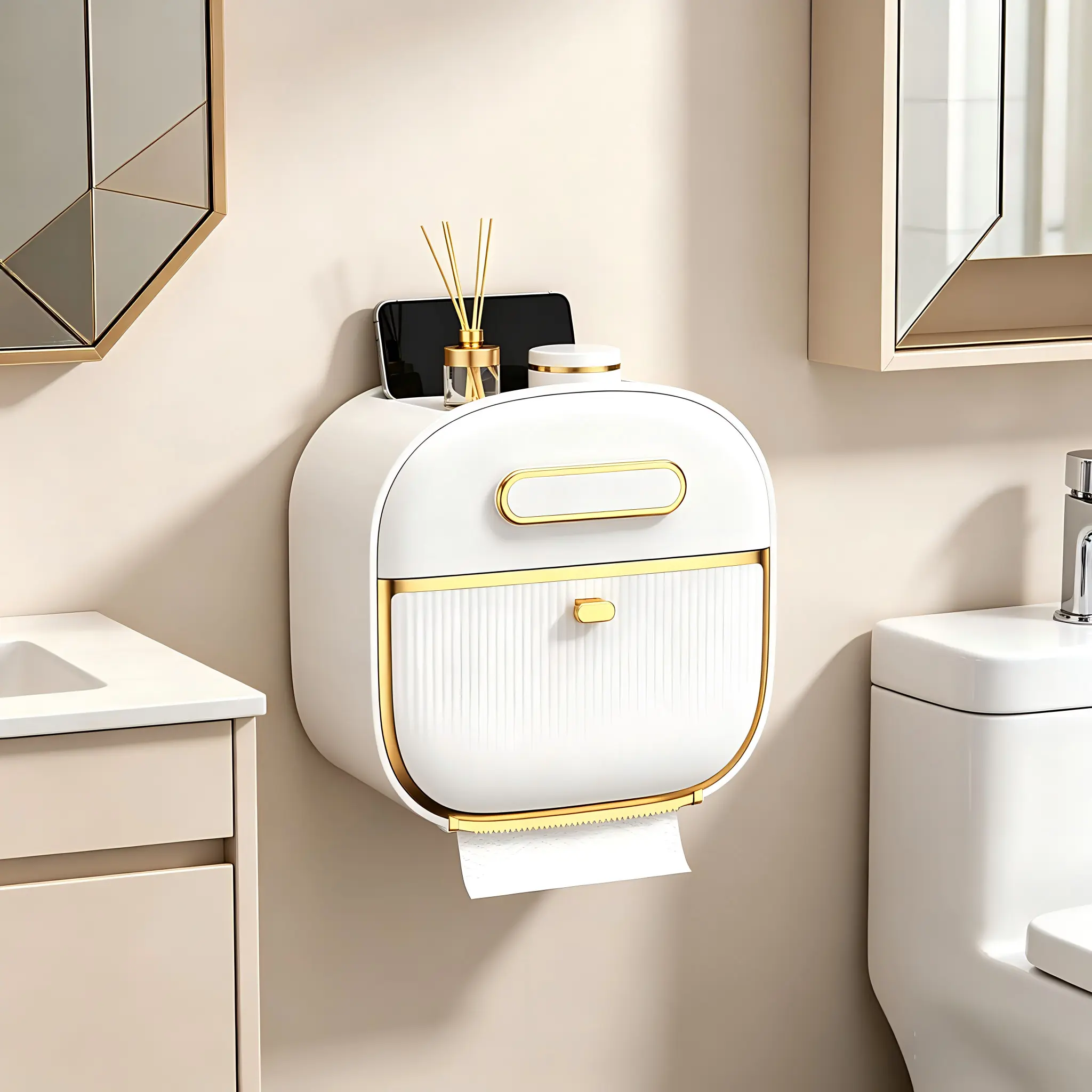 No-Drill Adhesive Tape-Mounted Tissue Holder, 1 Piece Durable Waterproof ABS Bathroom Organiser with Smooth Top Shelf, Box, Minimalist Glam Gold Accent, Easy Installation for Bath, Office, RV, Modern