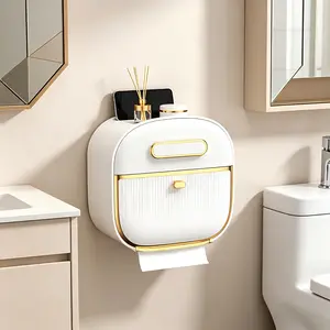 No Drill Wall Mounted Toilet Paper Holder with Shelf - Waterproof Bathroom Tissue Storage Box, Modern Gold Accent Smooth Minimalist Organiser for Bathroom, RV, Door, Home Needs
