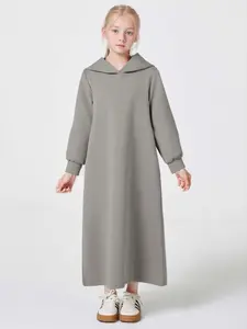 Girl's Solid Drop Shoulder Hooded Abaya, Modest Long Sleeve V Neck Dress for Daily Wear, Kids Clothes for Fall & Winter, Modesty