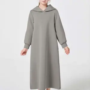 Girl's Solid Drop Shoulder Hooded Abaya, Modest Long Sleeve V Neck Dress for Daily Wear, Kids Girls Clothing, Kids Clothes for Fall & Winter